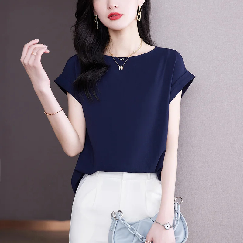 2024 Sommer Frauen Mode einfache elegante Bluse Büro Dame lässig Kurzarmhemd solide o Hals lose Tops Blusas Para Mujer