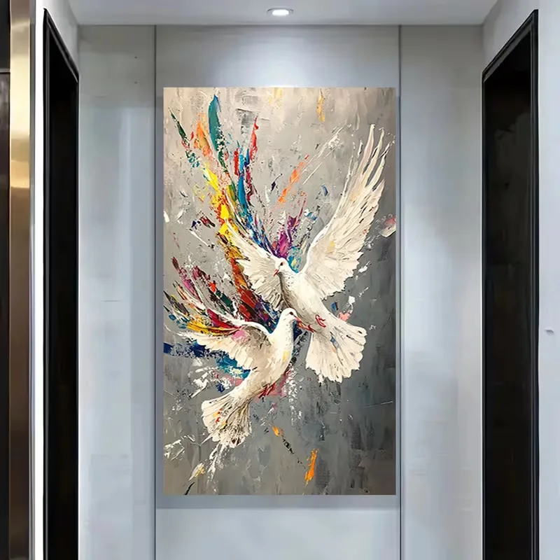 1pc Colorful Splash Two White Peace Doves Canvas Print Unframed Vertical Abstract Bird Wall Art Modern Animal Theme