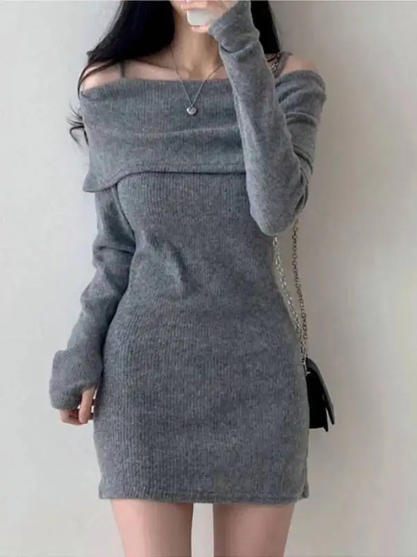 

Новое корейское платье осень-зима 2026 с открытыми плечами, отложным воротником, длинными рукавами, приталенное, с завязками на талии, облегающее бедра, короткое трикотажное платье QAG5