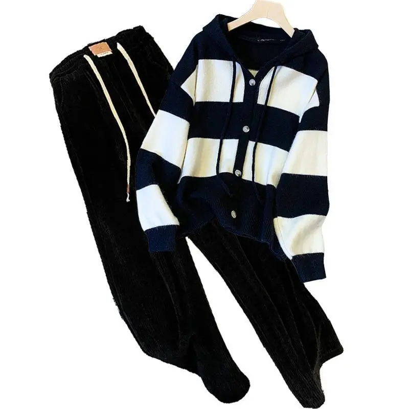 Women Spring Autumn Stripe Knit Hooded Tops Pants 1 or Two Piece Set Lady Casual Loose Sweater Wide Leg Trousers Outfits 2023