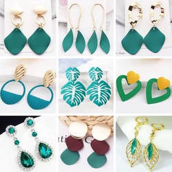 Green Crystal Women's Dangle Earrings Metal Material Square Pendants C-shaped Hollow Bowknot Hanging Earrings for Female 2025