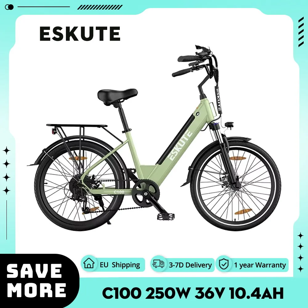 ESKUTE C100 Electric Bike 250W Motor 36V 10.4Ah Battery, 26*1.75' Tires, 25km/h Max Speed, 50-60km Range, Mechanical Disc Brakes