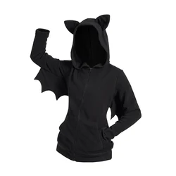 2024 New Womens Jacket Tops Halloween Costume Bat Fleece Hooded Jacket Zip Up Solid Color Top With Hood Black Coat