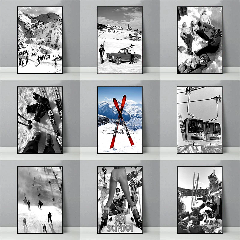 Black and White Retro Woman Skiing in Boots Poster Canvas Painting Winter Wall Art Pictures Ski Lodge Home Decor Photo Gift