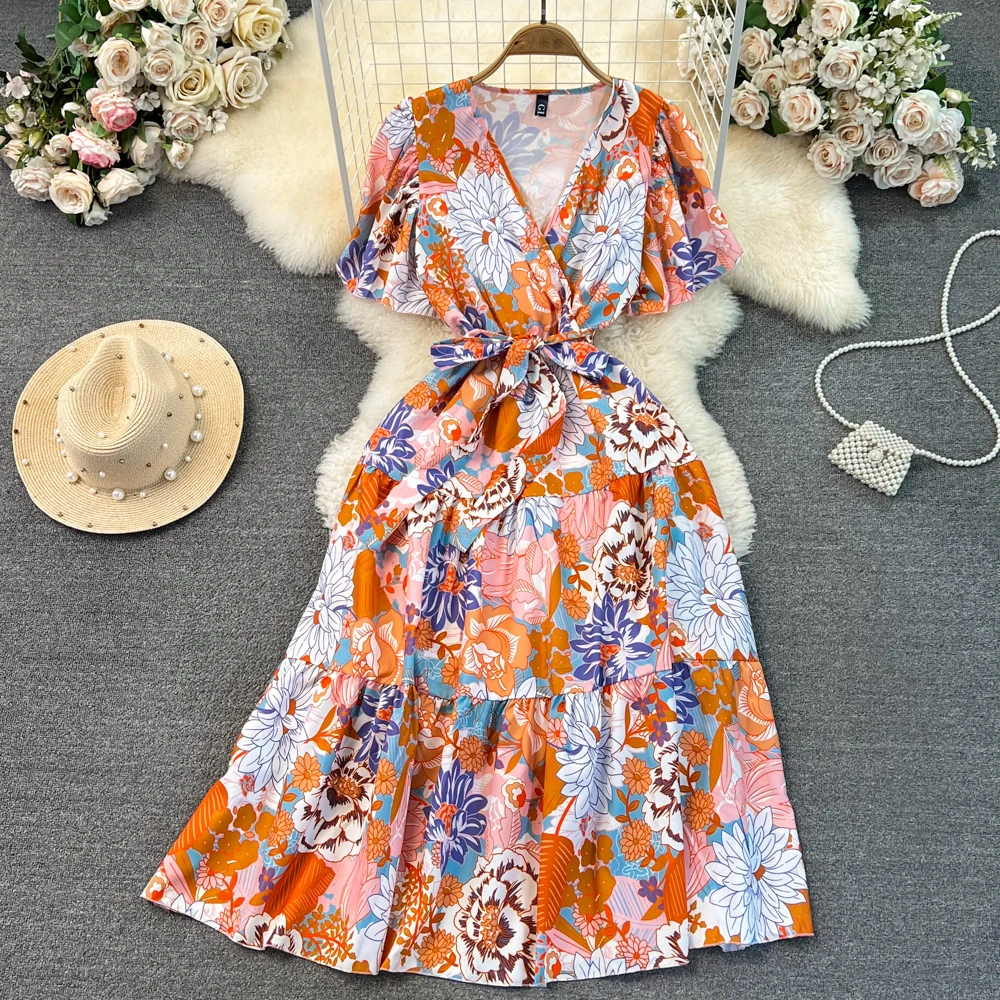 Vintage Print Elegant Short Sleeve Lace Up Dress V Neck Beach Vacation Party Dress Women Fashion Summer Spring Vestidos