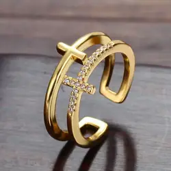 Fashion ol light luxury design zirconia double cross ladies ring, daily versatile party gift jewelry.