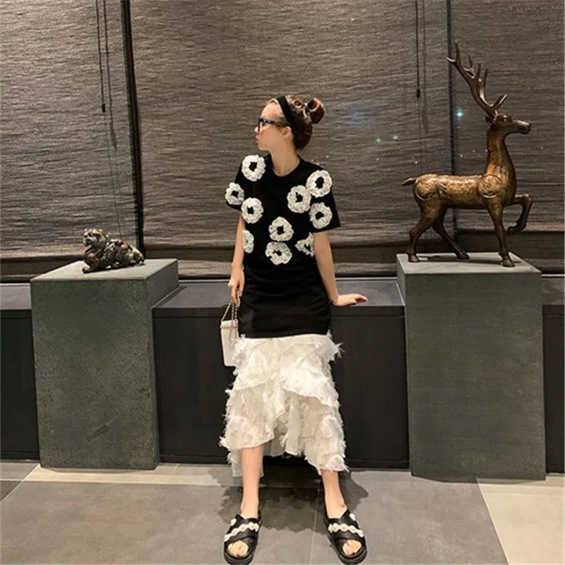 Neploe 2024 Summer New Slim Fit T-shirts Korean Chic O-neck 3d Flower Tops Women Y2k Grunge Mid-length Black Tee Shirt