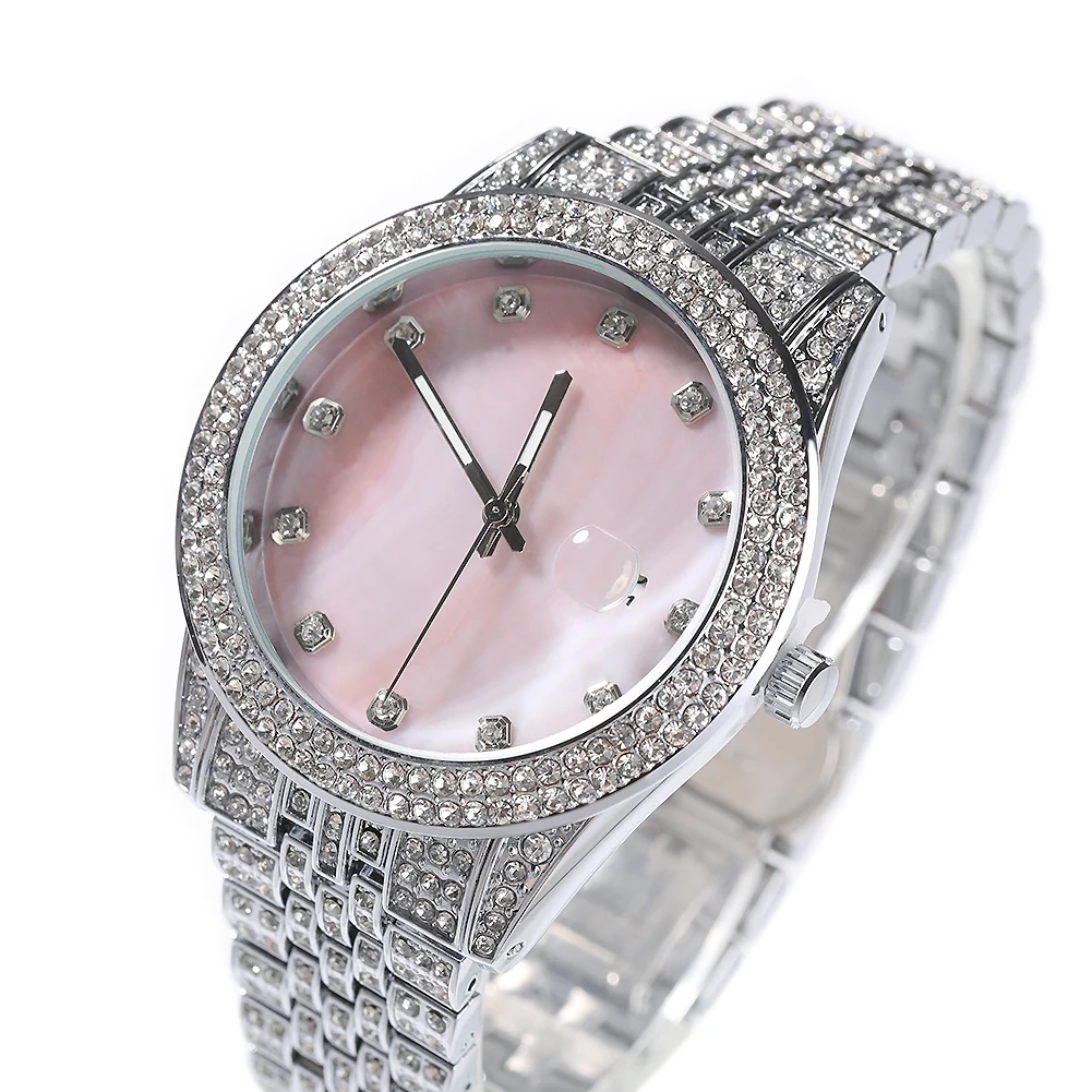 Uwin Mother of Pearl Pink Dial Full Iced Out Two Tone Quartz Clock Business Waterproof Watches For Men Women