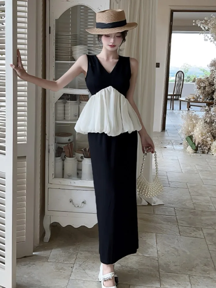 

Summer New Women's Fashion Two Piece Set Elegant Black White Splicing Top and Skirt Set Holiday Outfits Casual Female Clothes