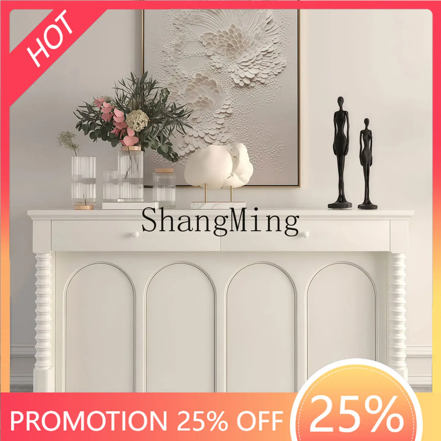 

SM new cream white solid wood dining side cabinet medieval arched door storage foyer decorative entrance shoe cabinet