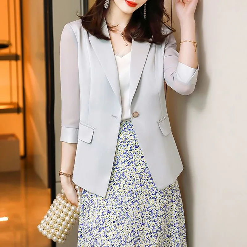 2024 New Summer Commuting Simple and Fashionable Style Flip Collar Solid Color Mesh Panel Three Quarter Suit Coat for Women