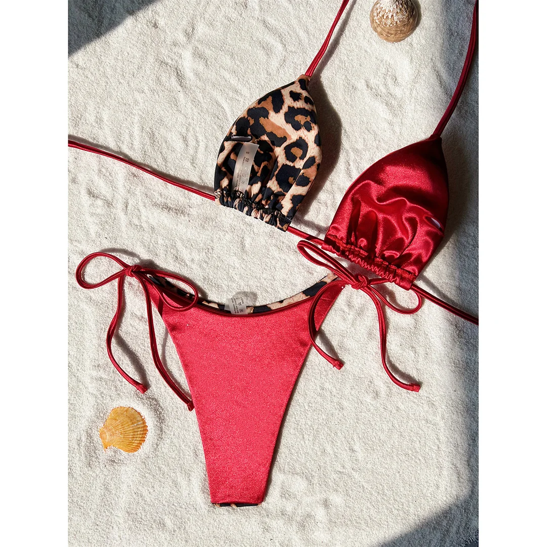 XS - L Leopardenmuster Neckholder-Bikini mit Satin-Details, Damen-Badeanzug, zweiteiliger Bikini-Set, Badebekleidung, Badeanzug, Schwimmanzug V4752SW – Detail 30