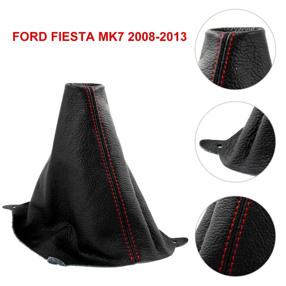 1pcs Red Stitching Black Genuine Leather Gear Knob Cover Suitable For Ford Fiesta Seventh Generation 2008-2013 Models