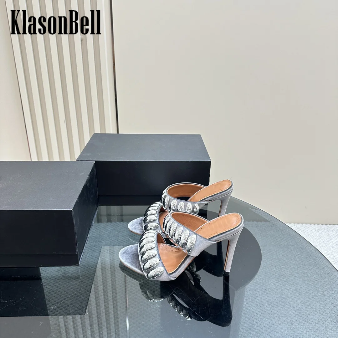 7.3 KlasonBell Female 2024 New Velvet Metal Decoration Women Slippers T-Strap Thin High Heel Sheepskin Sandals