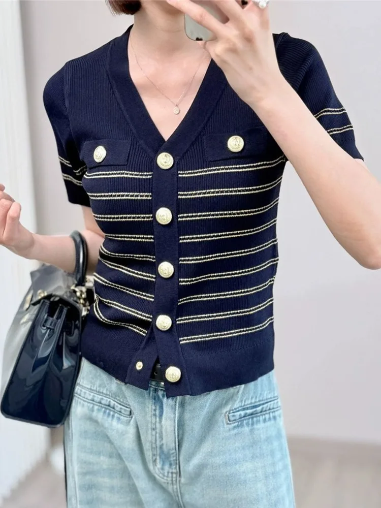 

Высококачественный европейский модный летний V-Ne Slim Fit ort Sve вязаный кардиган с золотыми пуговицами, повседневный женский свитер обычной длины