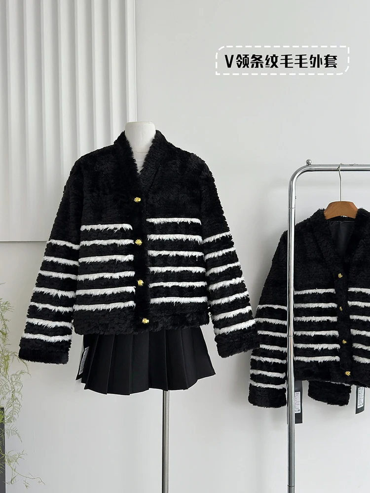 Winter Women Old Money 2000s Vintage Oversize Gothic Lambs Wool Jacket Grunge Outwear Japanese Y2k Teddy Coat Thick Striped Warm