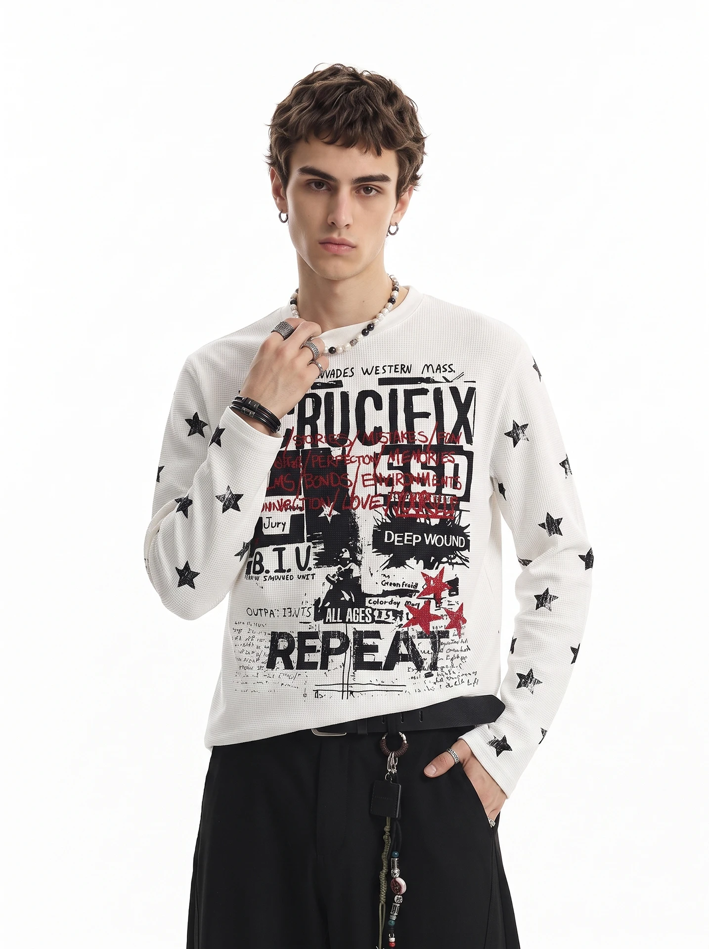 Vintage American Letter Print Star Long Sleeve Wide Fit T-Shirt for Men Casual Comfortable Loose Style round Neck Top