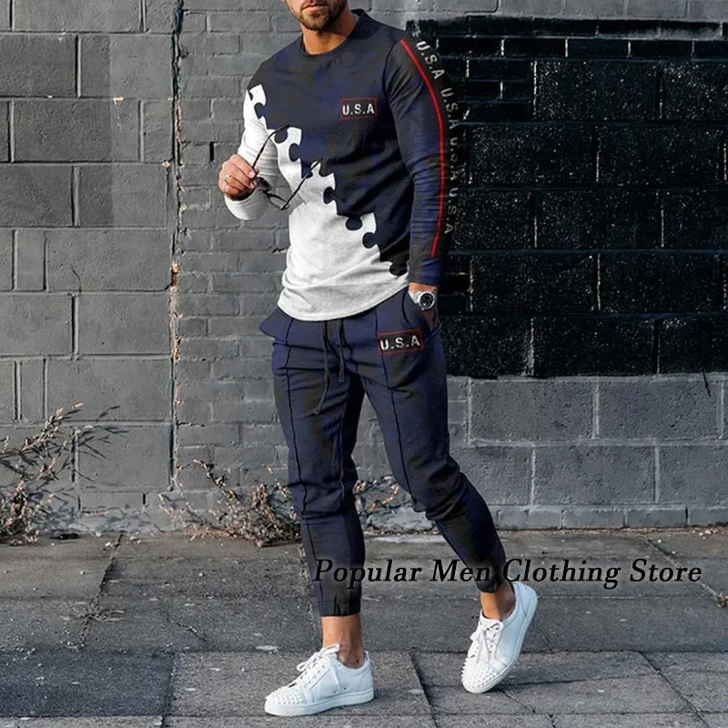 Men's Tracksuits Long-sleeve T-shirt Set Jogger Sportswear Casual Suit Streetwear Spring Men Outfits 2 Piece Set Men Clothing