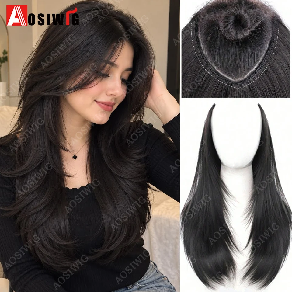 Synthetic Hair Extensions Black Layered 40CM U-Shaped Clip In Hair Extensions For Women Heat Resistant Fiber Invisible Clip On H
