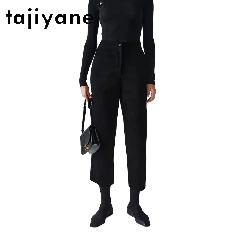 TAJIYANE Genuine Leather Pants Woman Goatskin Suede Trousers Warm Straight Pants of Women Cropped Pants Elastic Waist Pantalones