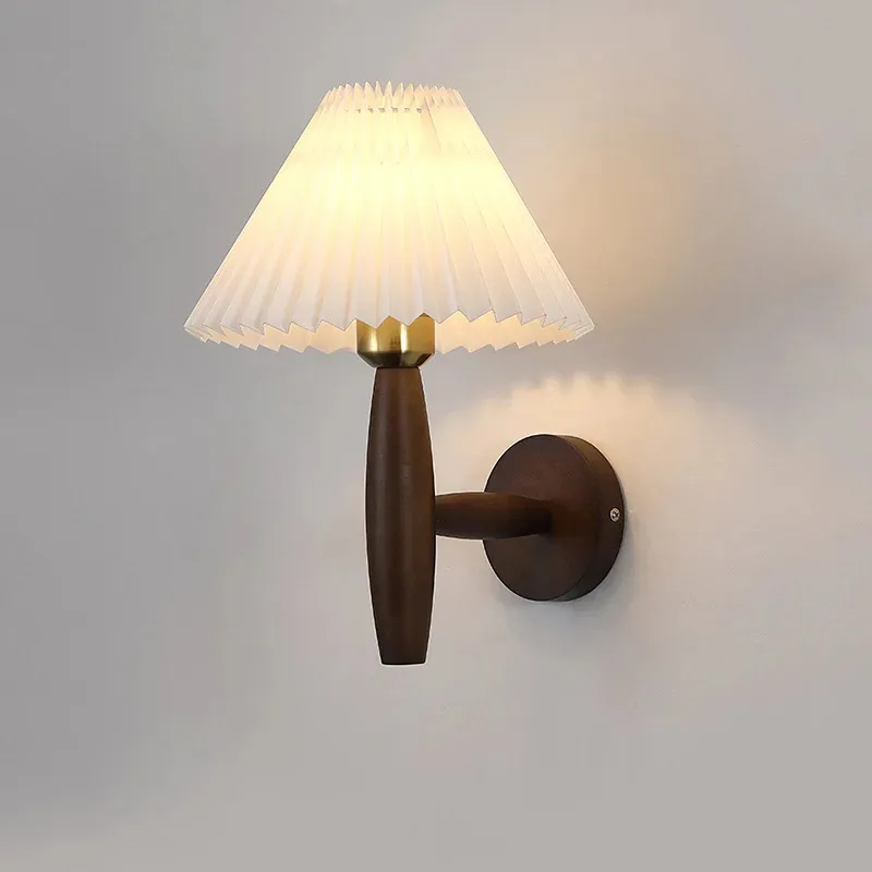 

Nordic Style Solid Wood Wall Lamp Bedroom Bed Pleated Lamp Shade Wall Lamp Porch Stairway Hallway Living Room Study LED Lamps