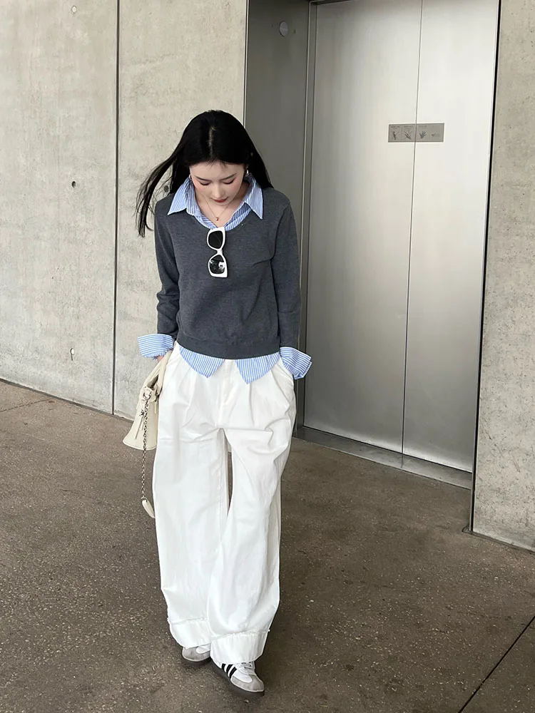 

Брюки Saniba свободного кроя с широкими штанинами, с высокой талией, длинные повседневные брюки для женщин, белые, с отворотами, весна-осень, сезонная мода