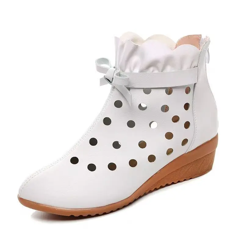 

Women's Leather Hollow Out Wedges Cool Boot Soft Sole Spring Summer Big Size Breathable Fashionable Bow zipper Cave Ankle Boots