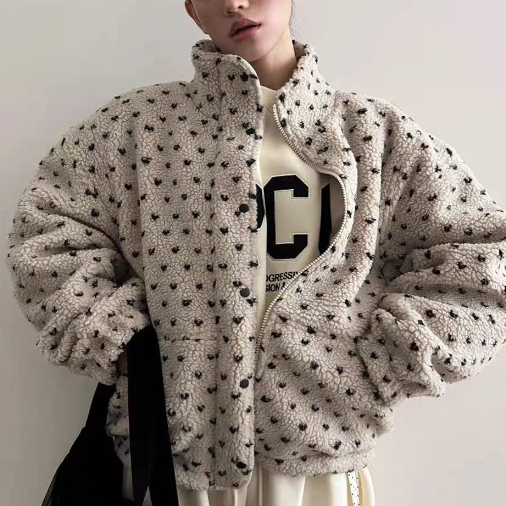 

Шикарная осенне-зимняя хлопковая куртка из меха ягненка, женская теплая верхняя одежда с воротником-стойкой в форме сердца, корейская прямая одежда