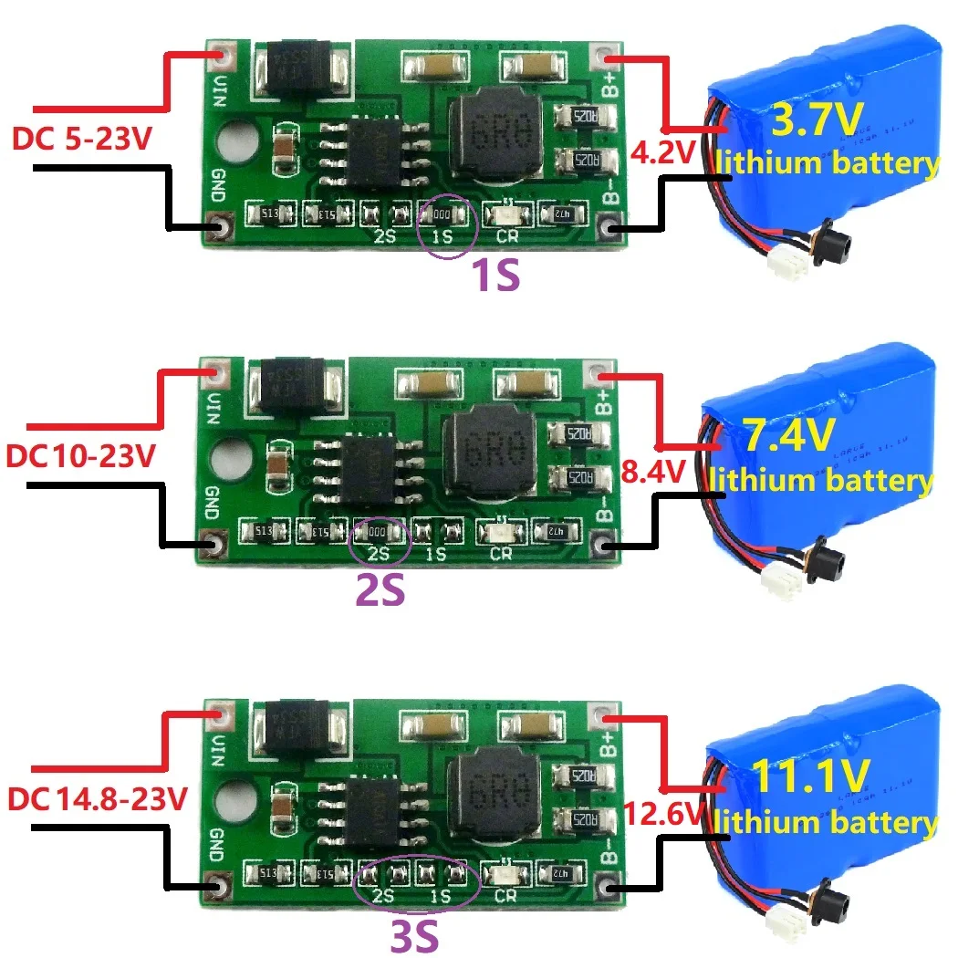 1S 2S 3S Lithium Battery Charger DC 5-23V Input 4.2V 8.4V 12.6V Output Li-Ion Solar Charging for Portable Devices