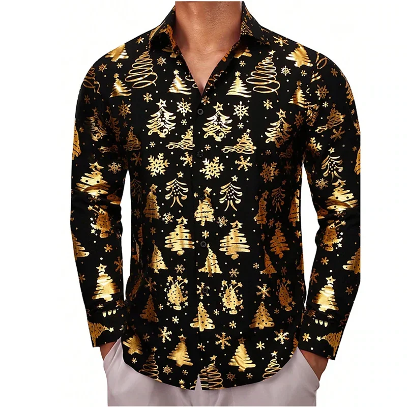 2024 High Quality Fashionable Men\'s Shirt Button Gold Shirt Casual Designer Christmas Long Sleeve Tops Men\'s Lapel Men\'s Tops