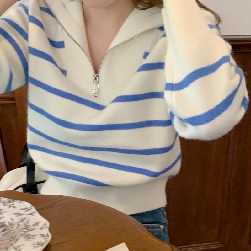 

Korean Fashion Knitted Striped Women Sweater Autumn Winter Half Zip Loose Sailor Collar Pullover Tops Casual Versatile Clothing