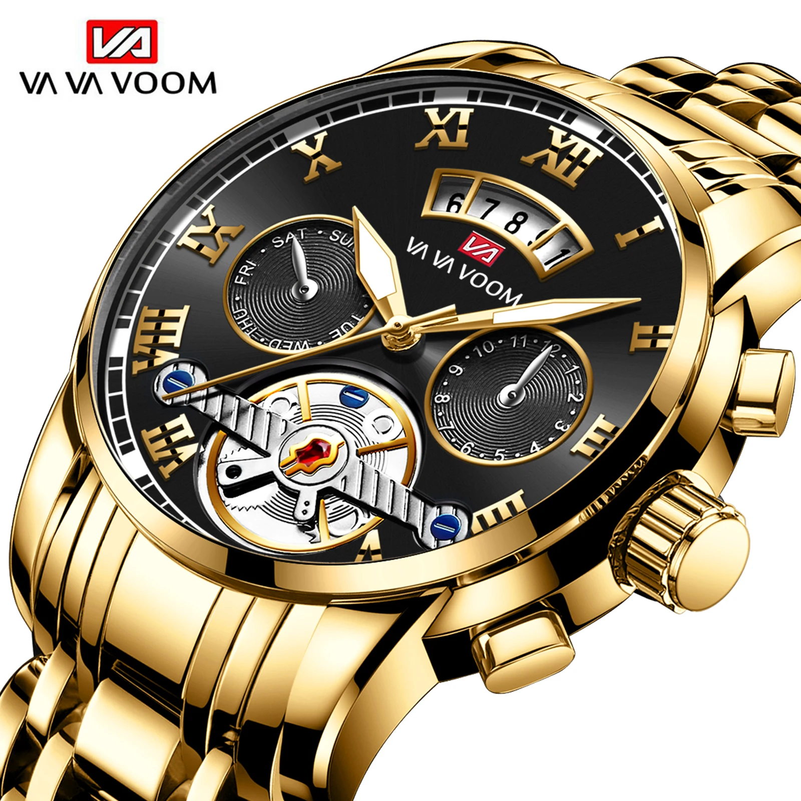 VA VA VOOM Brand Men Watch Original Pilot Series Simulation Tourbillon 41mm Stainless Steel Quartz Movement Casual Sports Watch