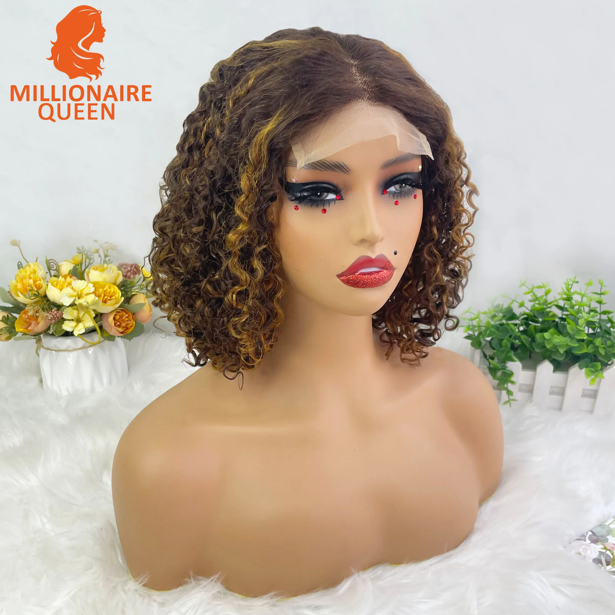 Bouncy Super Double Drawn Vietname Hair Pixie Curly 4x4 Bob Wig with 100% Human Hair Nature Black 250% Density For Black Women