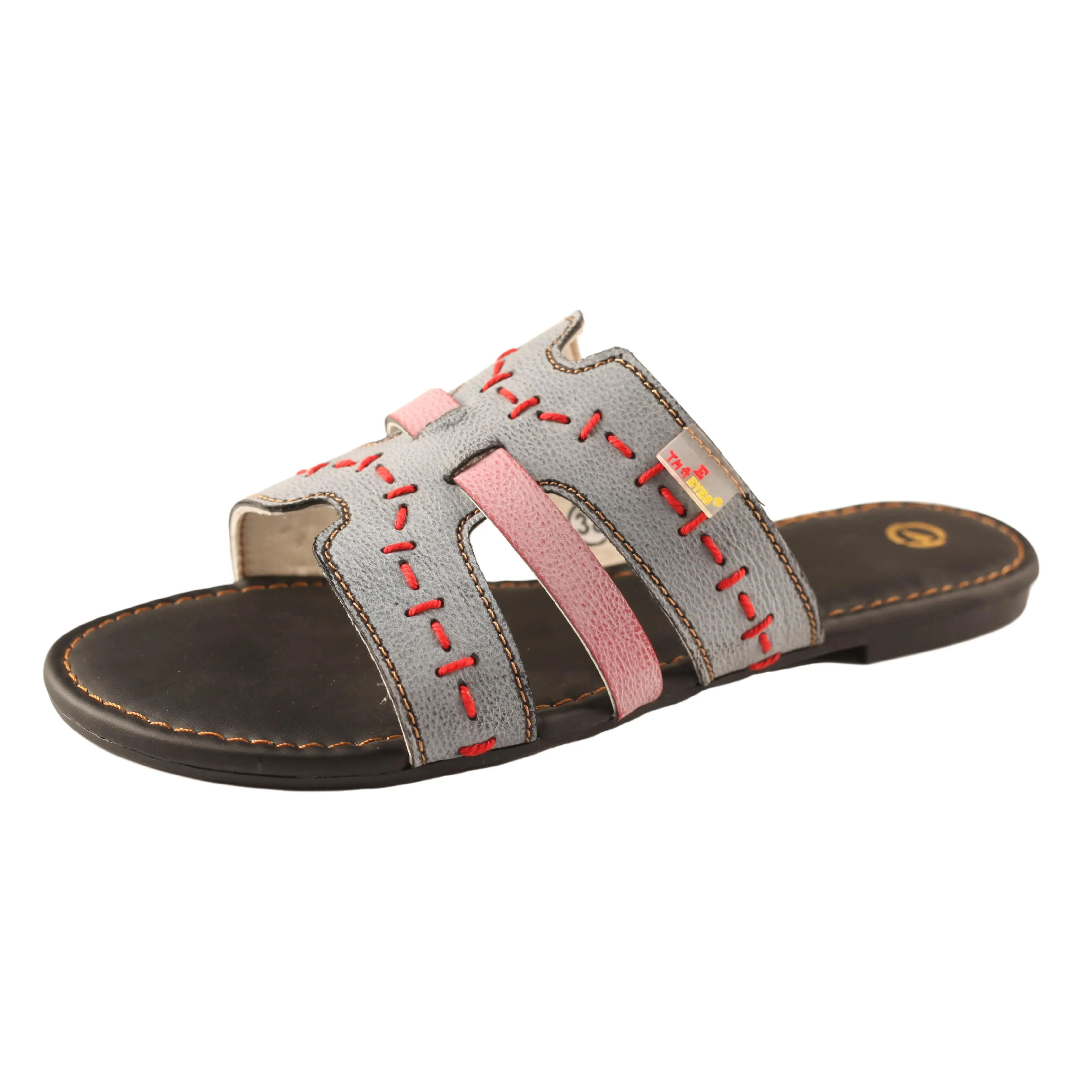 TMA EYES Handgefertigte, einlinige, coole Damen-Retro-Hausschuhe in Grau-Rosa-Kontrast mit rotem, leuchtendem Faden. – Detail 4