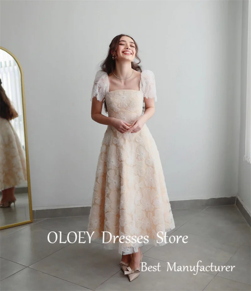 OLOEY-Vintage A Linha Vestidos de Noite, mangas curtas, Praça Neck Lace, Tornozelo Comprimento, Festa Prom Dress, Wedding Guest Dress, 2024