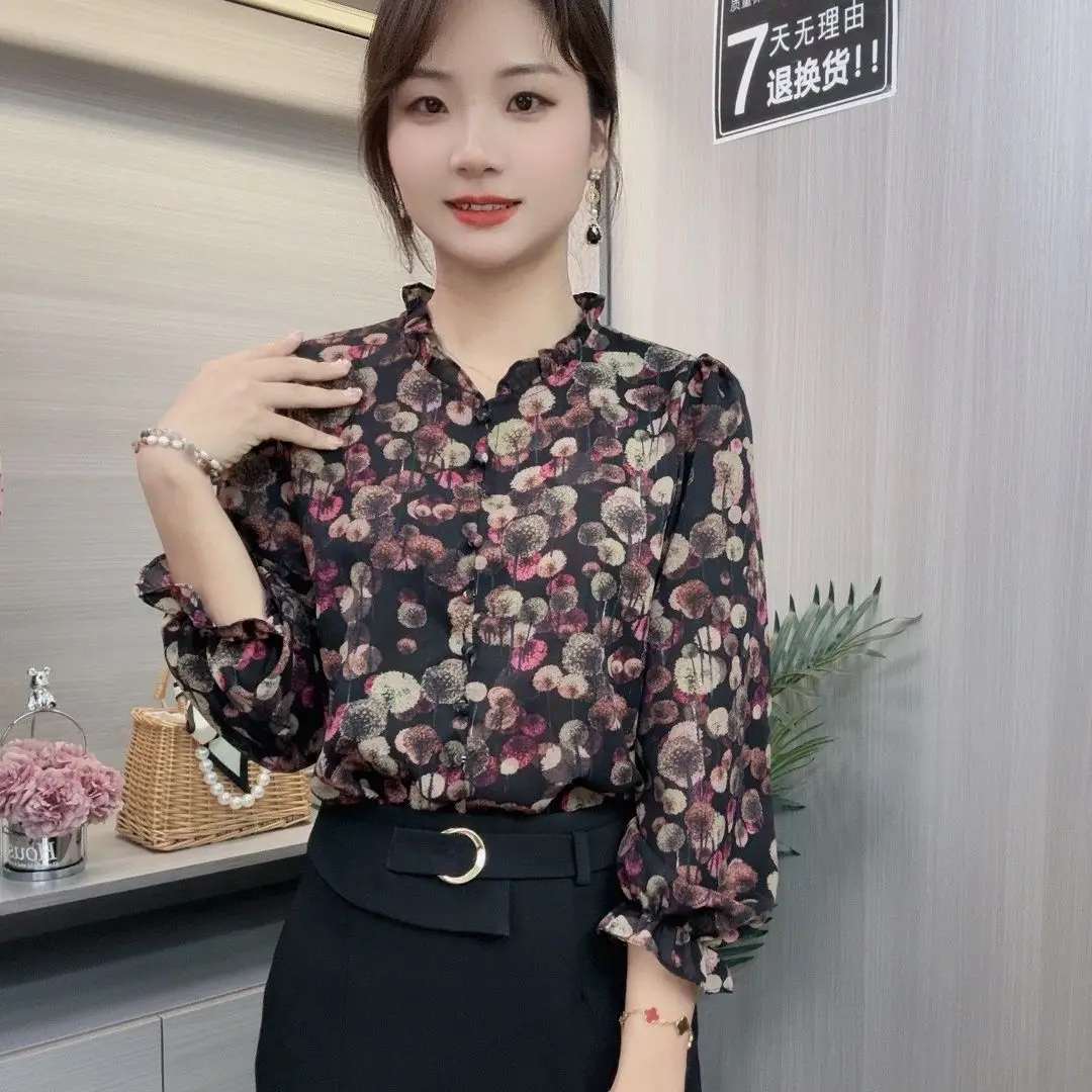 Spring Autumn Fashion Printing V-neck Long Sleeve Blouses Women\'s Clothing Edible Tree Fungus Floral Button Loose Simplicity Top