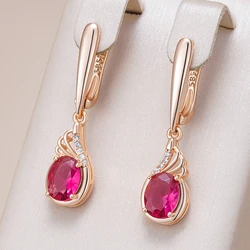 Kinel Shiny Red Oval Natural Zircon Drop Earrings for Women Fashion 585 Rose Gold Color Vintage Wedding Party Fine Daily Jewelry