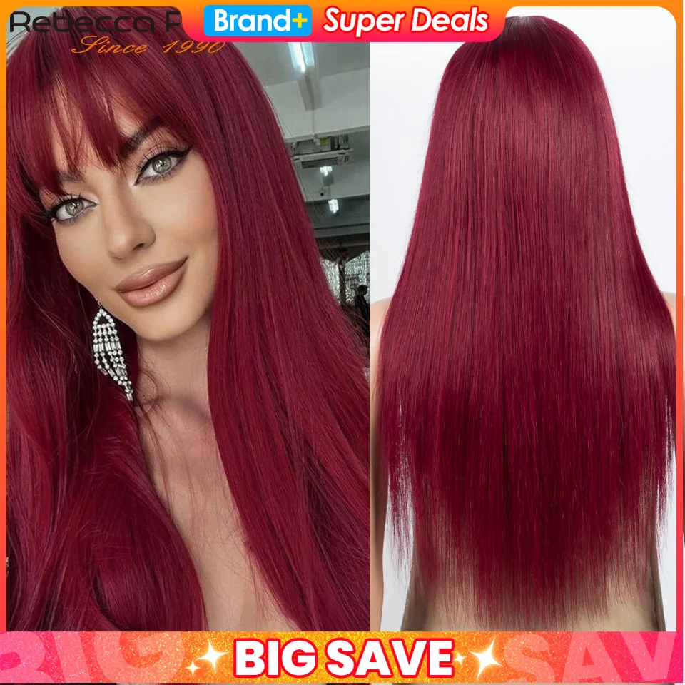 ブランドボーンストレート人毛ウィッグ前髪付きフルマシンメイドウィッグバーガンディ99jウィッグカラーウィッグレミーヘアウィッグクリアランスセール