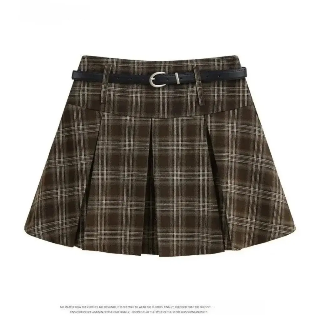 

Retro American Style High Waist Pleated Skirt for Women Brown Plaid Slimming Elegant Casual Short College JK Skirt