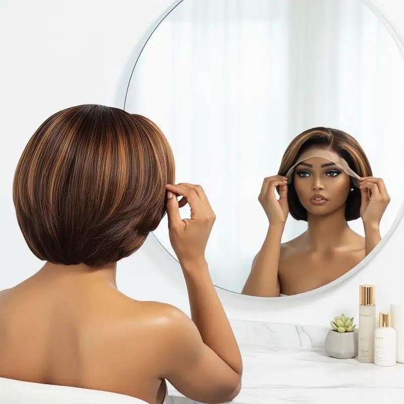 Body Wave Glueless Closure 100%Human Hair Frontal Wigs Ombre Brown Mix Blonde Water Wave Part Short Bob Wig
