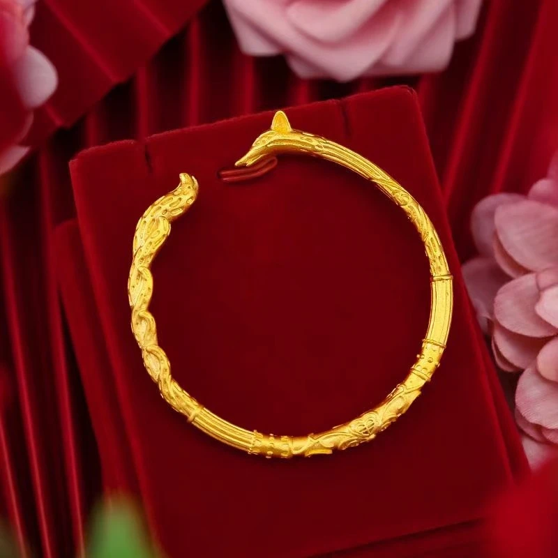 OUYADI 14K Gold Plated Stainless Steel Women Open Bangle, Vivid Fox Totem Retro Chinese‑Style Adjustable Jewelry Gift