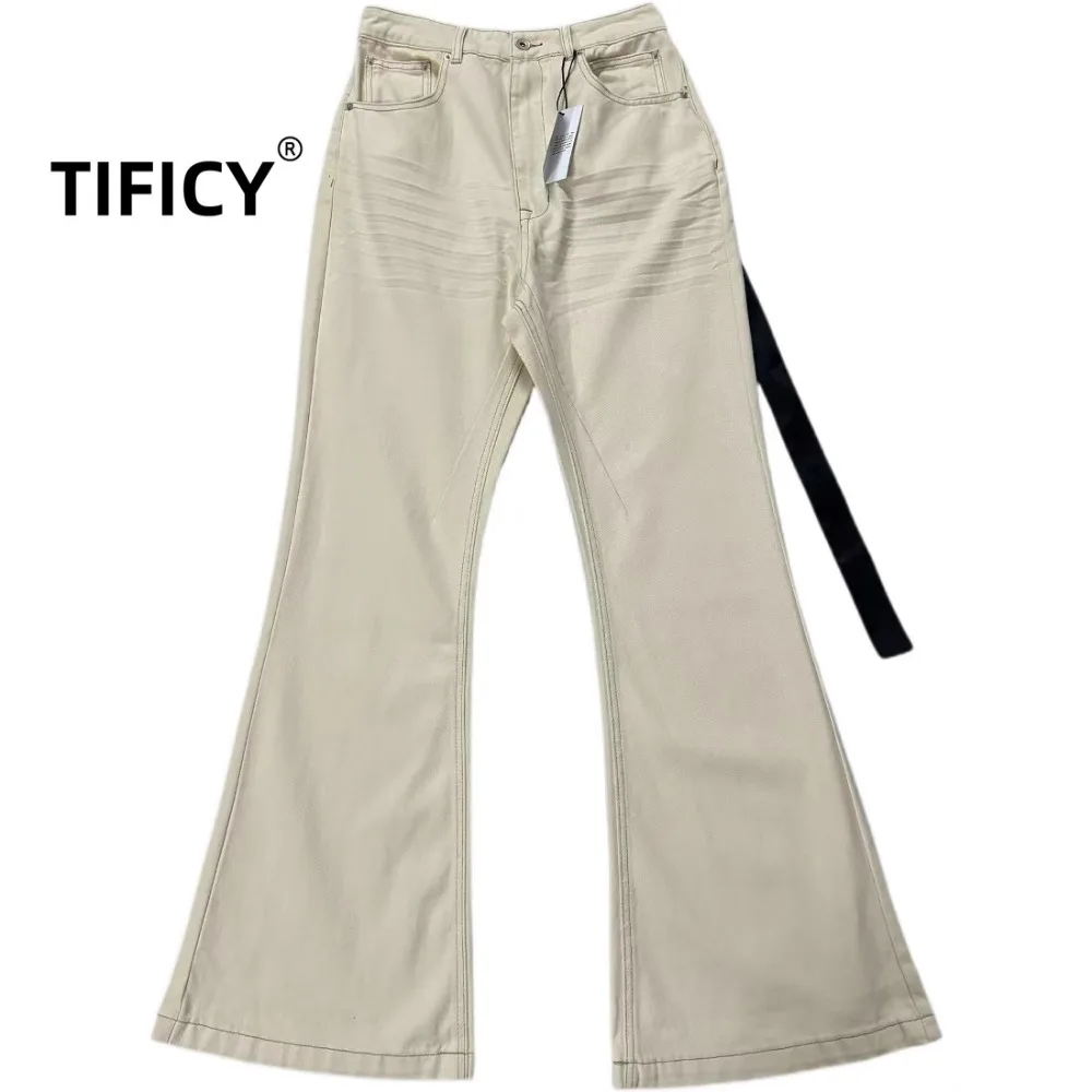 High Street Ro Style Dark Denim Pants Men's High Elasticity Floor Mopping Beige Brushed Horn Jeans Slim and Wide Leg Pants