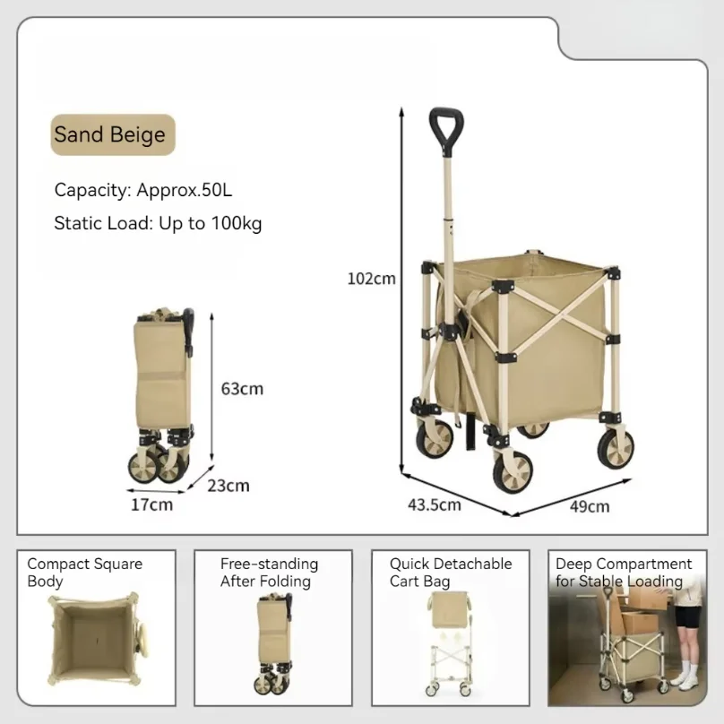 Collapsible Foldable Utility Wagon Cart, Heavy Duty Grocery Shopping Trolley with Telescopic Handle for Outdoor Camping