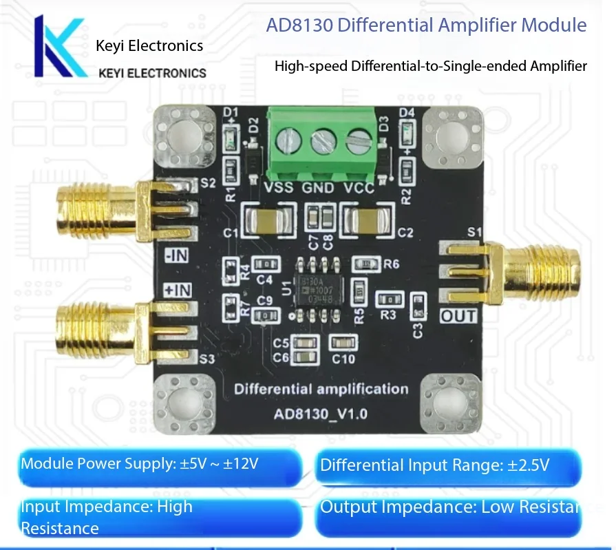 AD8130 Module Differential to Single Ended Amplifier Module with Low Noise, Low Distortion, and High Common Mode Rejection Rat