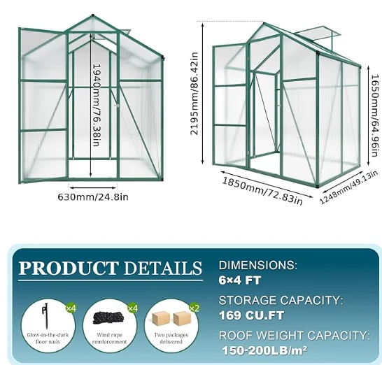 6*4FT Greenhouse For Outdoors, Polycarbonate With Stronger Wind Protection And Roof Vent, Walk-in Aluminum Sunroom WaterProof
