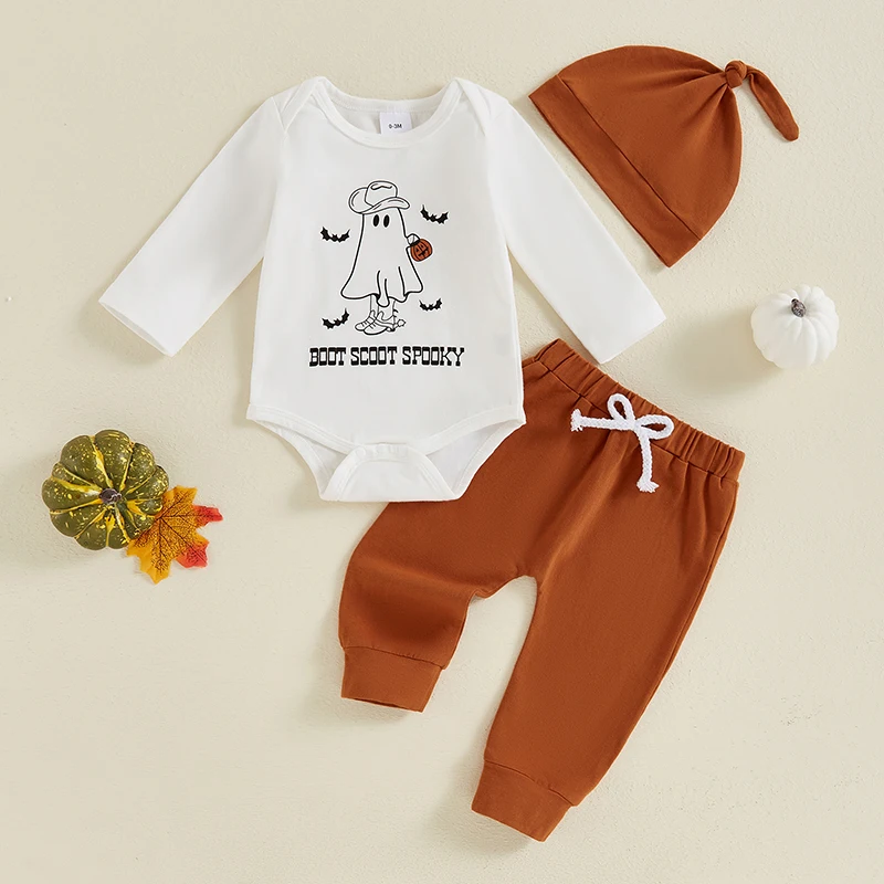 Suefunskry Baby Boy Halloween Outfit Letter Ghost Print Long Sleeve Romper and Elastic Pants Beanie Hat Set Fall 3Pcs Clothes