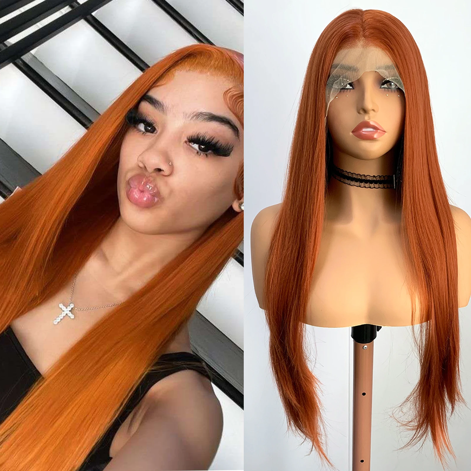 

WIF Bright Copper Brown Synthetic Wig 13 x 4 Lace Front Wig Natural Hairline Straight Heat Fiber Women Daily Use Free Part Hair