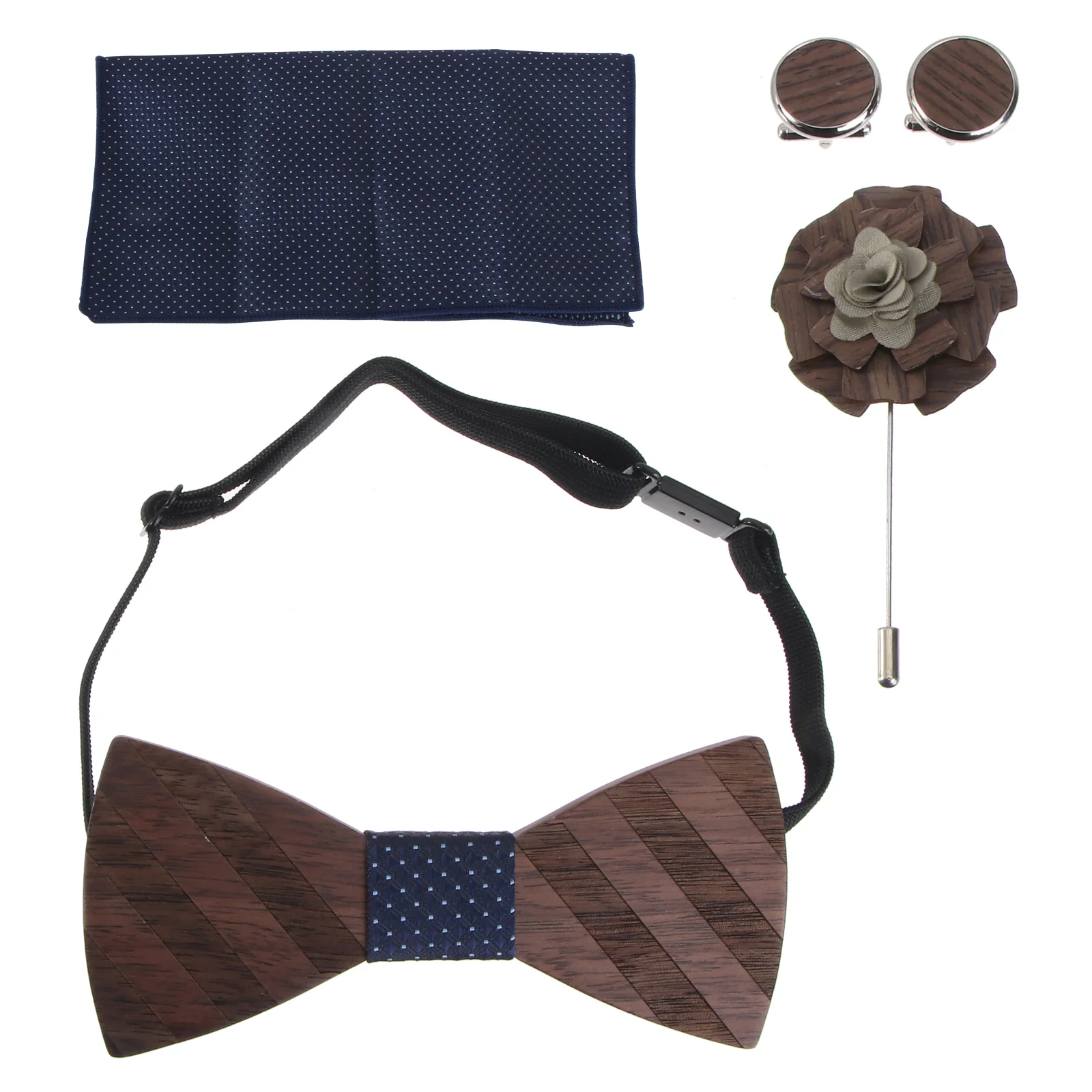 

1 set Wooden Bow Set Blue Wedding Mens Accessories Self Tying Clip Bowties Handkerchief Man Bow Tie Brooch Classic Brooch