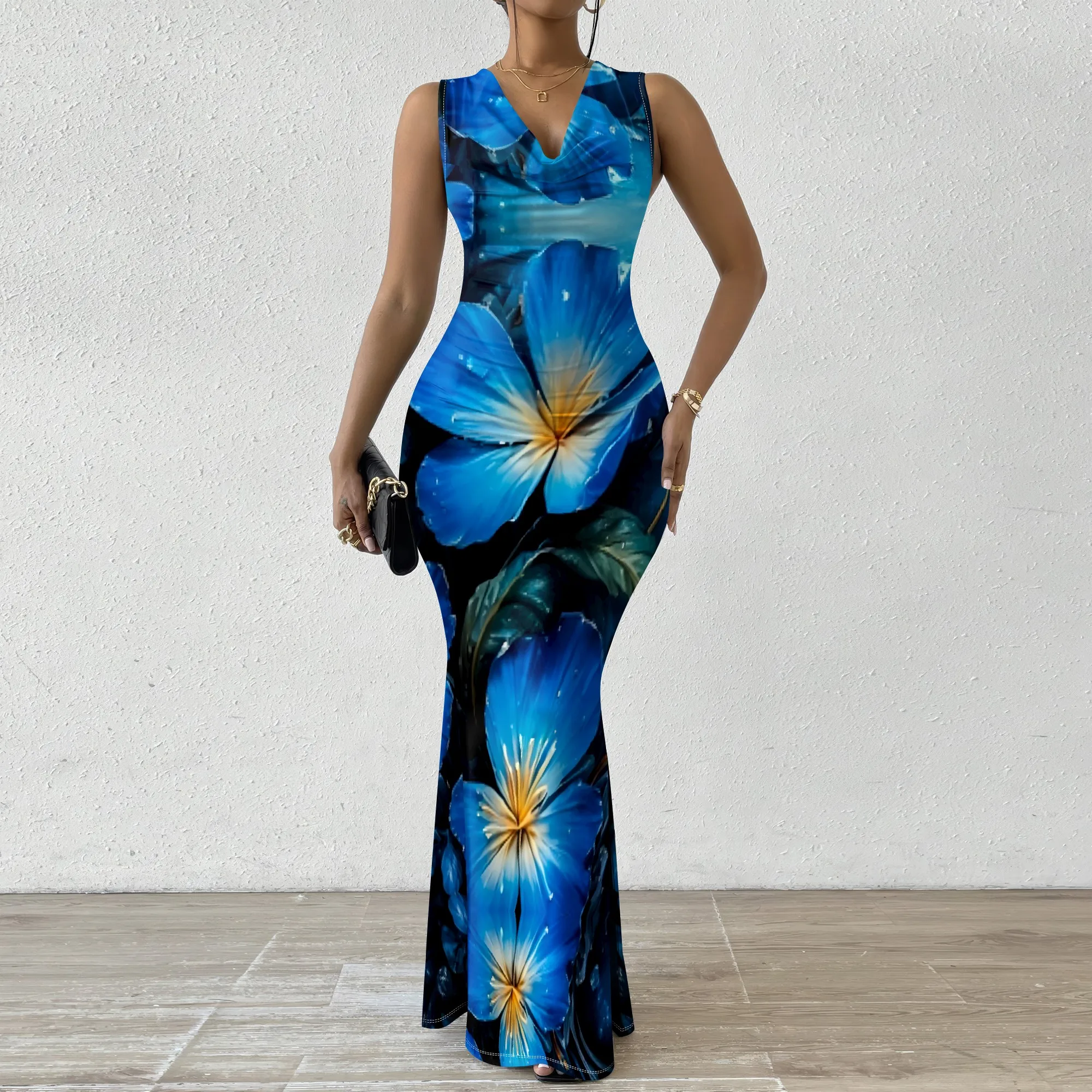 

Dark Blue Floral Maxi Dress XS-2XL V-Neck Sleeveless Bodycon Style for Summer Evening, Date Night or Elegant Party Look