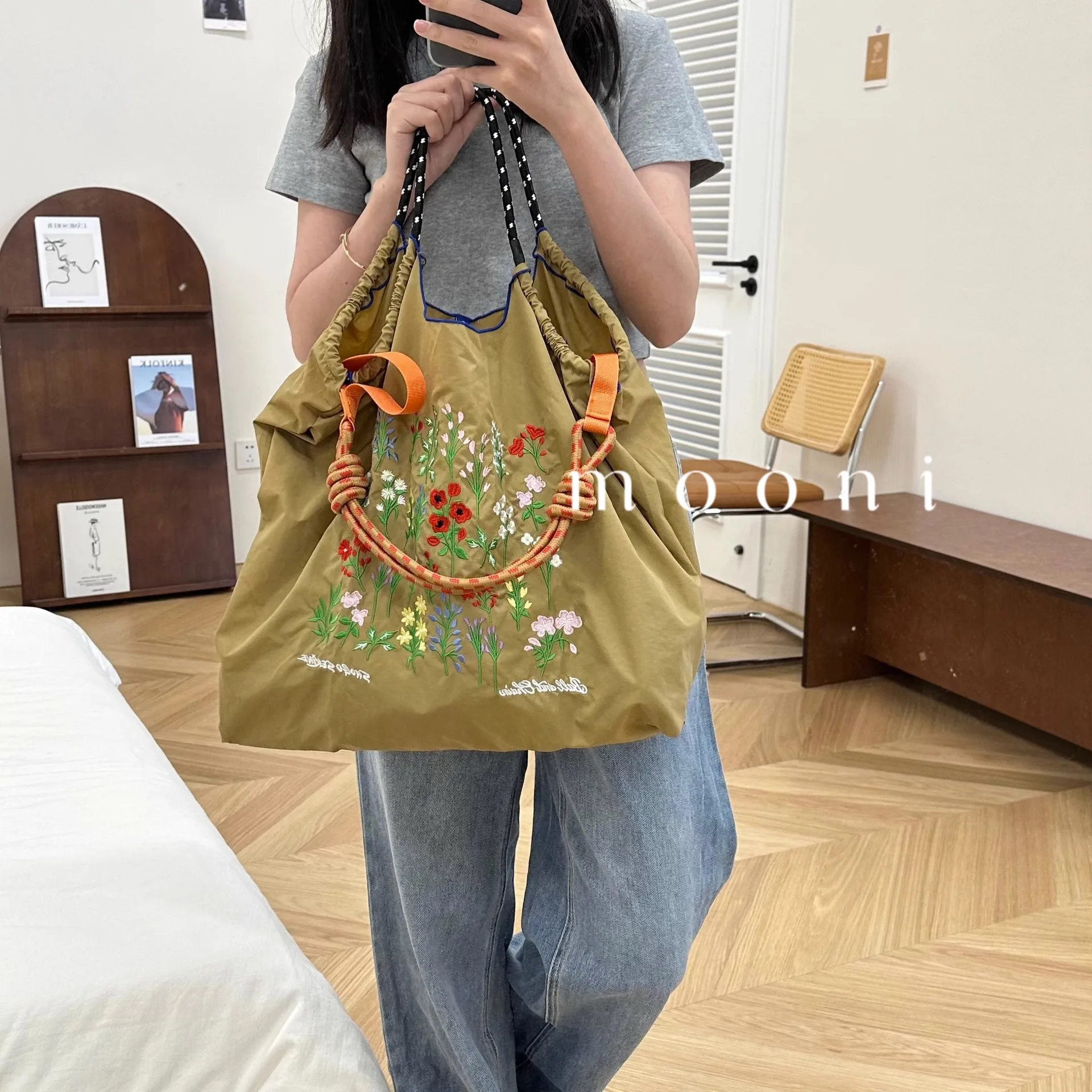 Japanese Style Floral Embroidery Eco-friendly Bag Shopping Bag, Fashionable Niche Large Capacity Embroidered Nylon Backpack